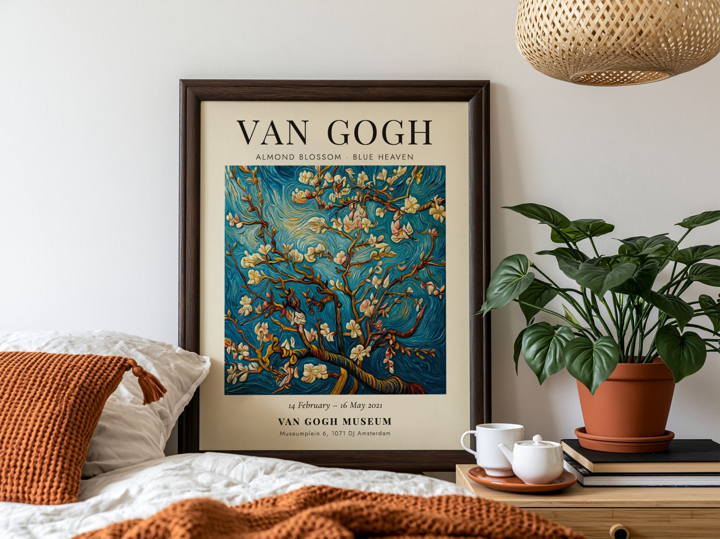 Almond Blossom poster featuring white flowers and blue sky, inspired by Van Gogh's style