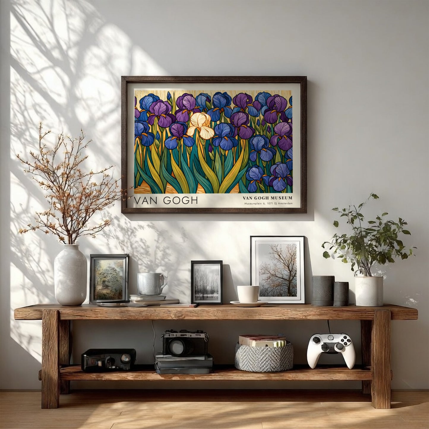Van Gogh poster featuring irises in vibrant purple and green colors, botanical art style