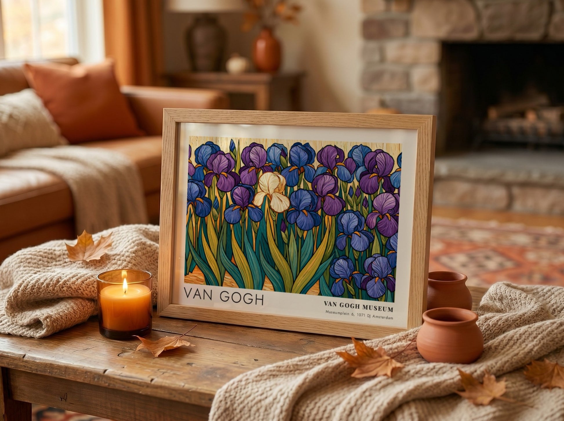 Iris flowers wall art print featuring vibrant blues and purples in Van Gogh style