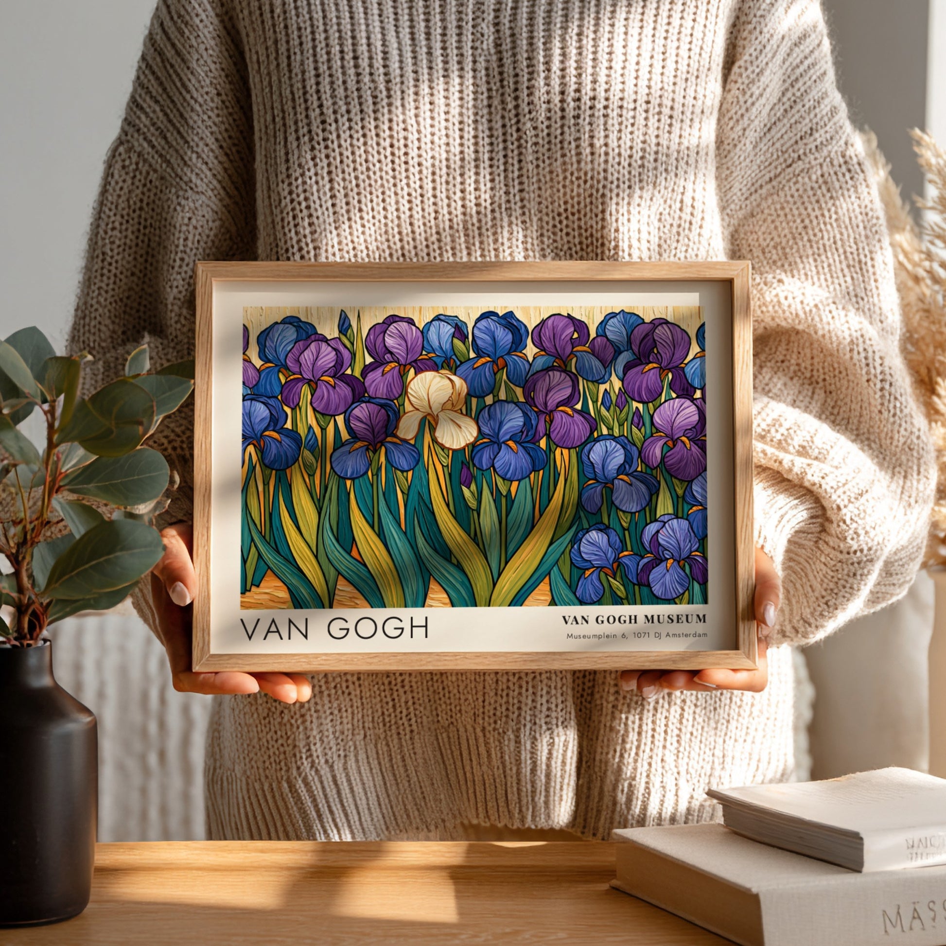Iris flowers wall art print featuring vibrant blues and purples in Van Gogh style