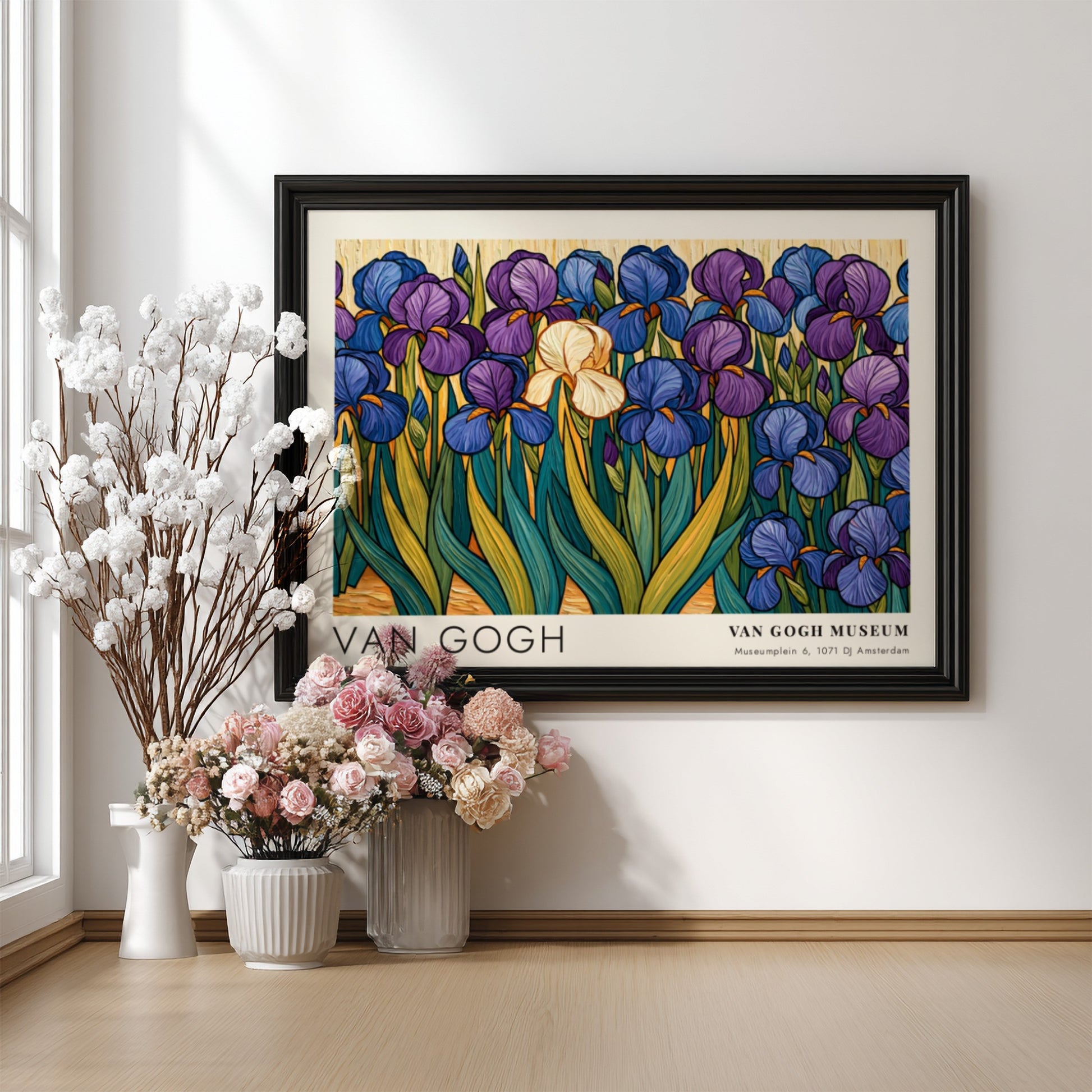 Van Gogh poster featuring irises in vibrant purple and green colors, botanical art style