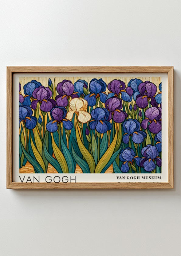 Van Gogh poster featuring irises in vibrant purple and green colors, botanical art style