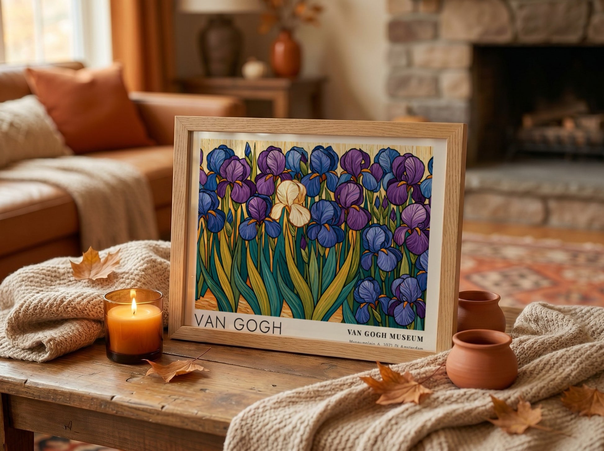 Van Gogh poster featuring irises in vibrant purple and green colors, botanical art style