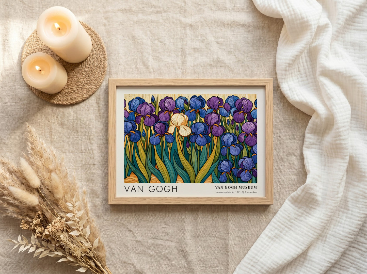 Iris flowers wall art print featuring vibrant blues and purples in Van Gogh style