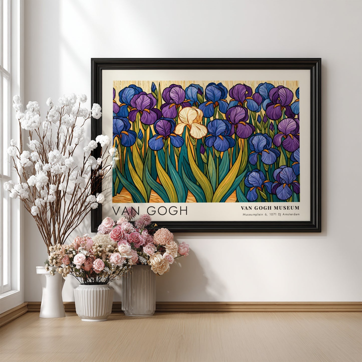 Iris flowers wall art print featuring vibrant blues and purples in Van Gogh style