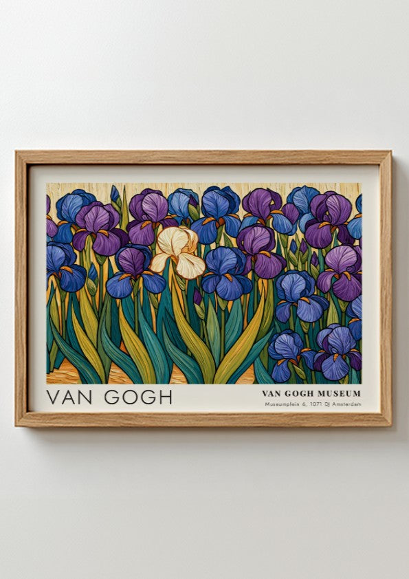 Iris flowers wall art print featuring vibrant blues and purples in Van Gogh style