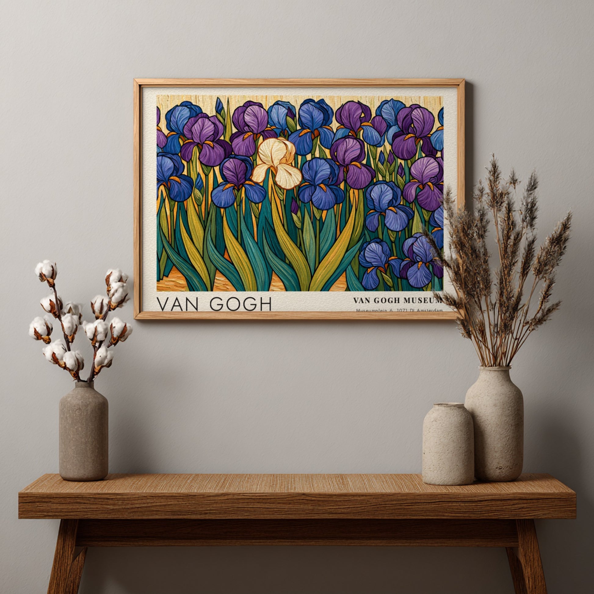 Van Gogh poster featuring irises in vibrant purple and green colors, botanical art style