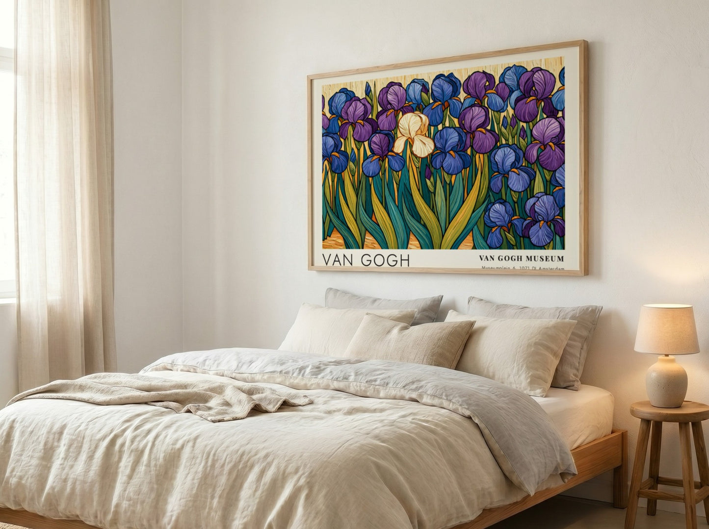 Van Gogh poster featuring irises in vibrant purple and green colors, botanical art style