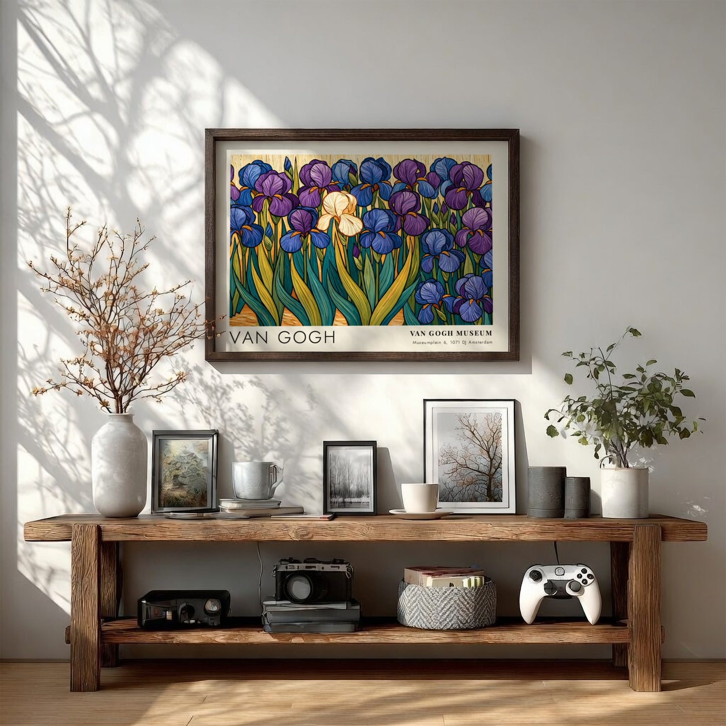 Iris flowers wall art print featuring vibrant blues and purples in Van Gogh style