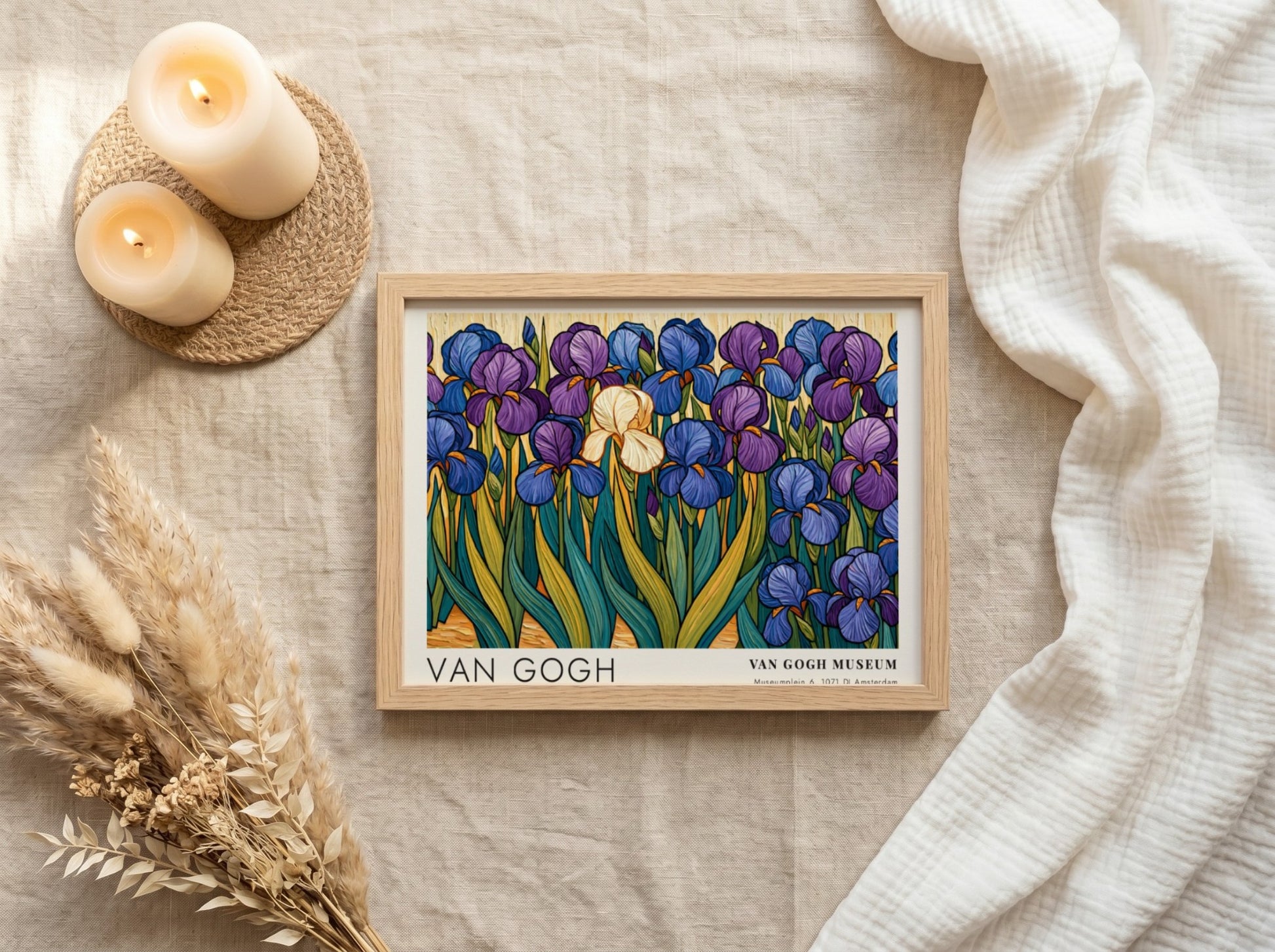 Van Gogh poster featuring irises in vibrant purple and green colors, botanical art style
