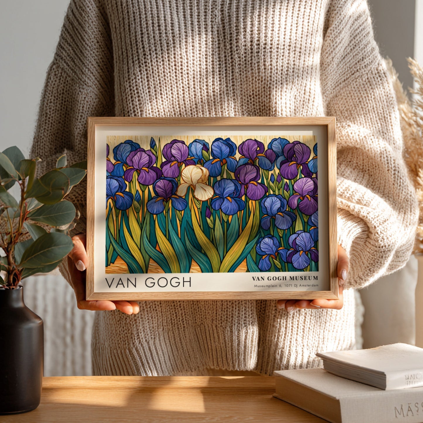 Van Gogh poster featuring irises in vibrant purple and green colors, botanical art style