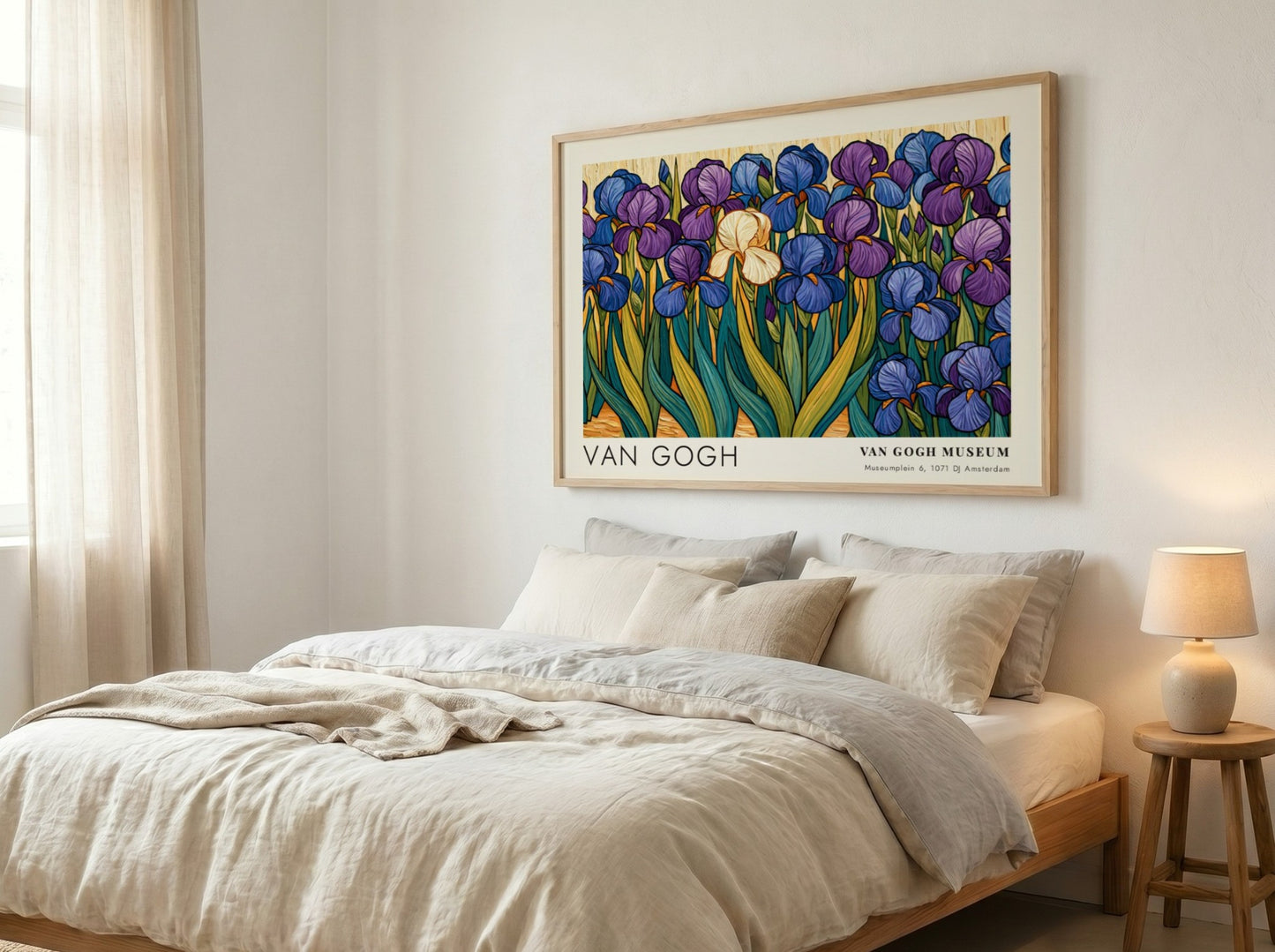 Iris flowers wall art print featuring vibrant blues and purples in Van Gogh style