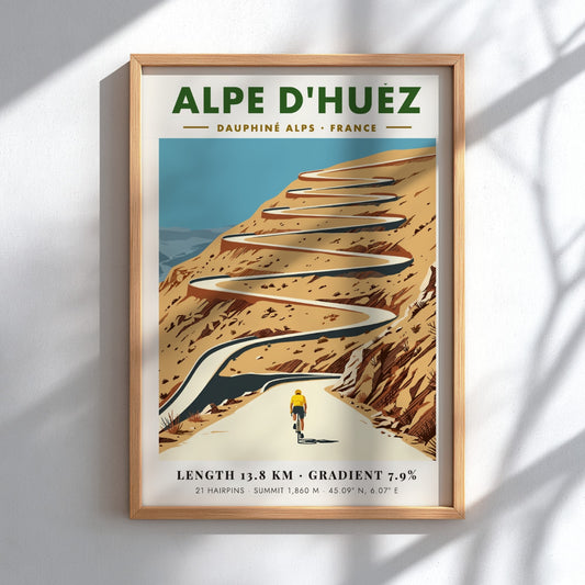 Poster featuring a lone cyclist climbing the winding Alpe D'Huez road in France.