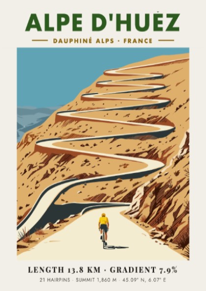 Poster featuring a lone cyclist climbing the winding Alpe D'Huez road in France.