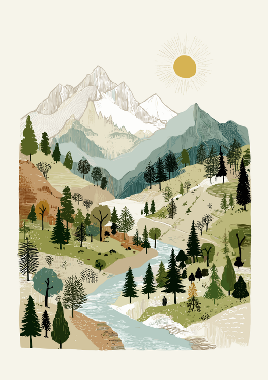 Illustration of a mountain landscape with trees and a river