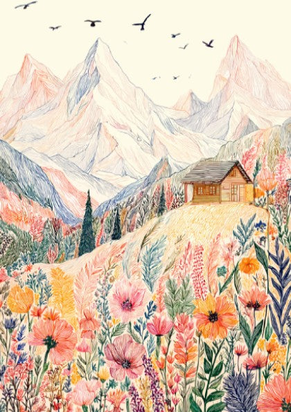 Alpine Meadow poster featuring a hand-drawn mountain landscape with colorful wildflowers and a cabin.