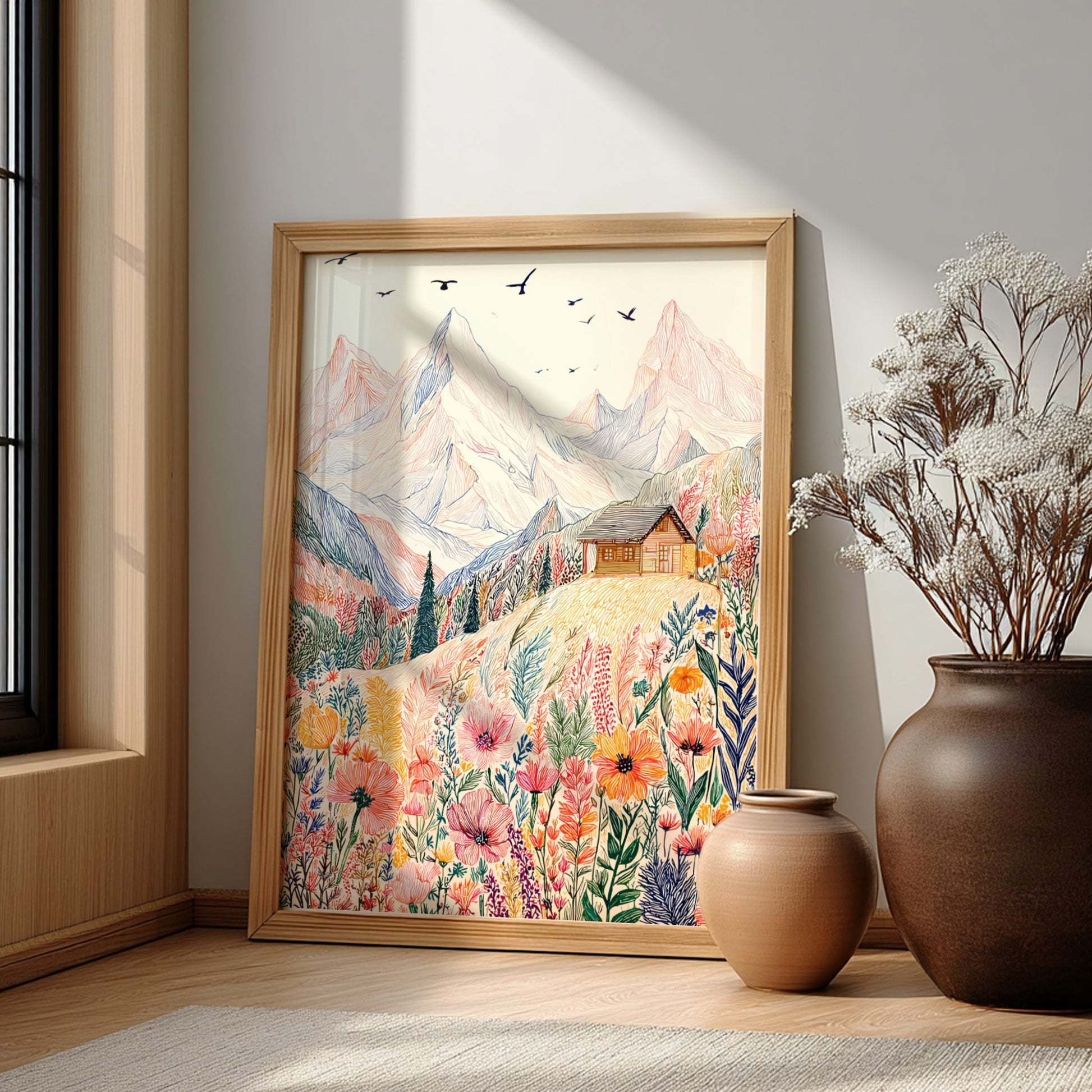 Alpine Meadow poster featuring a hand-drawn mountain landscape with colorful wildflowers and a cabin.