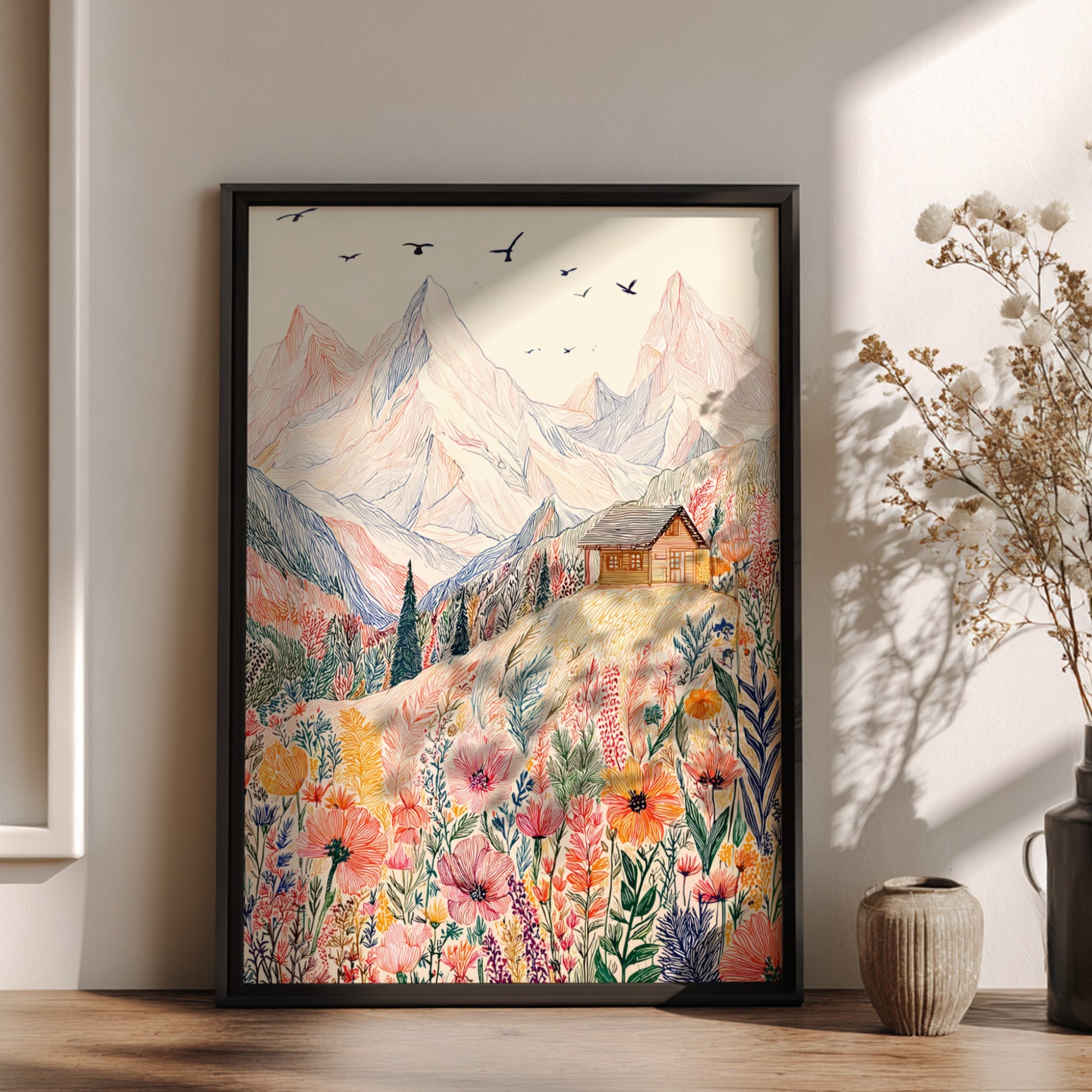 Alpine Meadow poster featuring a hand-drawn mountain landscape with colorful wildflowers and a cabin.