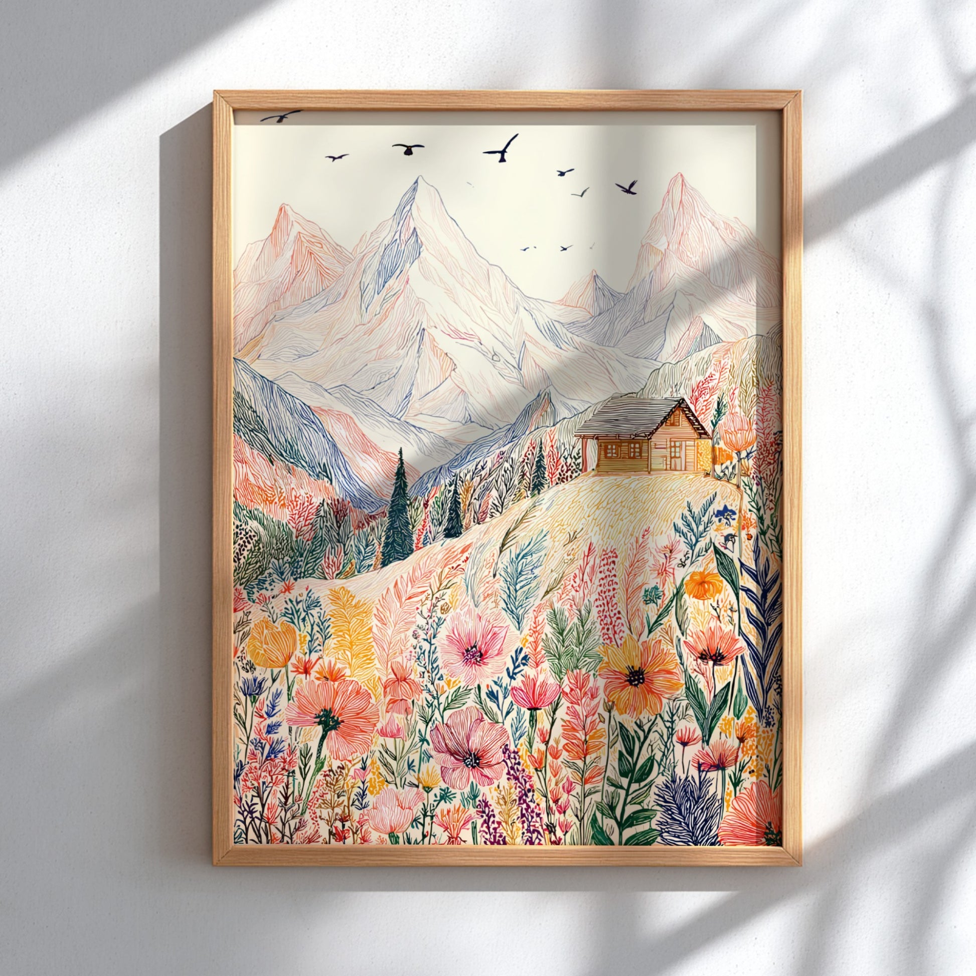 Alpine Meadow poster featuring a hand-drawn mountain landscape with colorful wildflowers and a cabin.