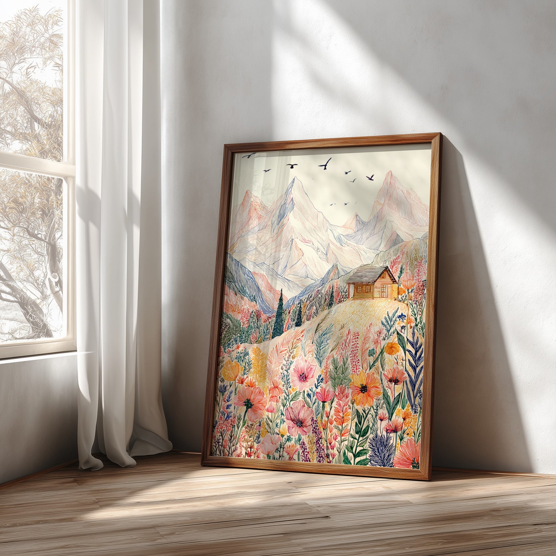 Alpine Meadow poster featuring a hand-drawn mountain landscape with colorful wildflowers and a cabin.