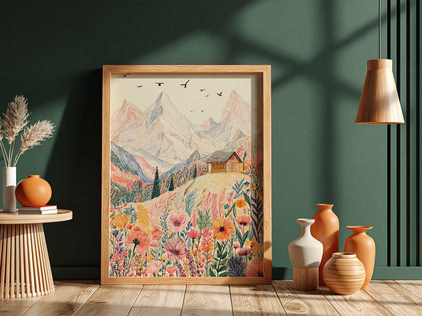Alpine Meadow poster featuring a hand-drawn mountain landscape with colorful wildflowers and a cabin.