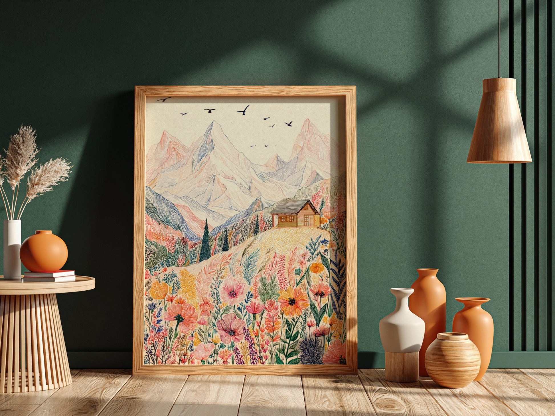Alpine Meadow poster featuring a hand-drawn mountain landscape with colorful wildflowers and a cabin.