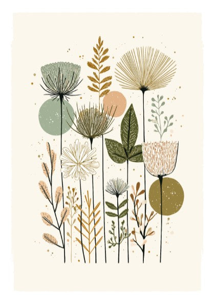 Mid-century modern botanical illustration print with muted green, peach, and brown wildflowers and abstract