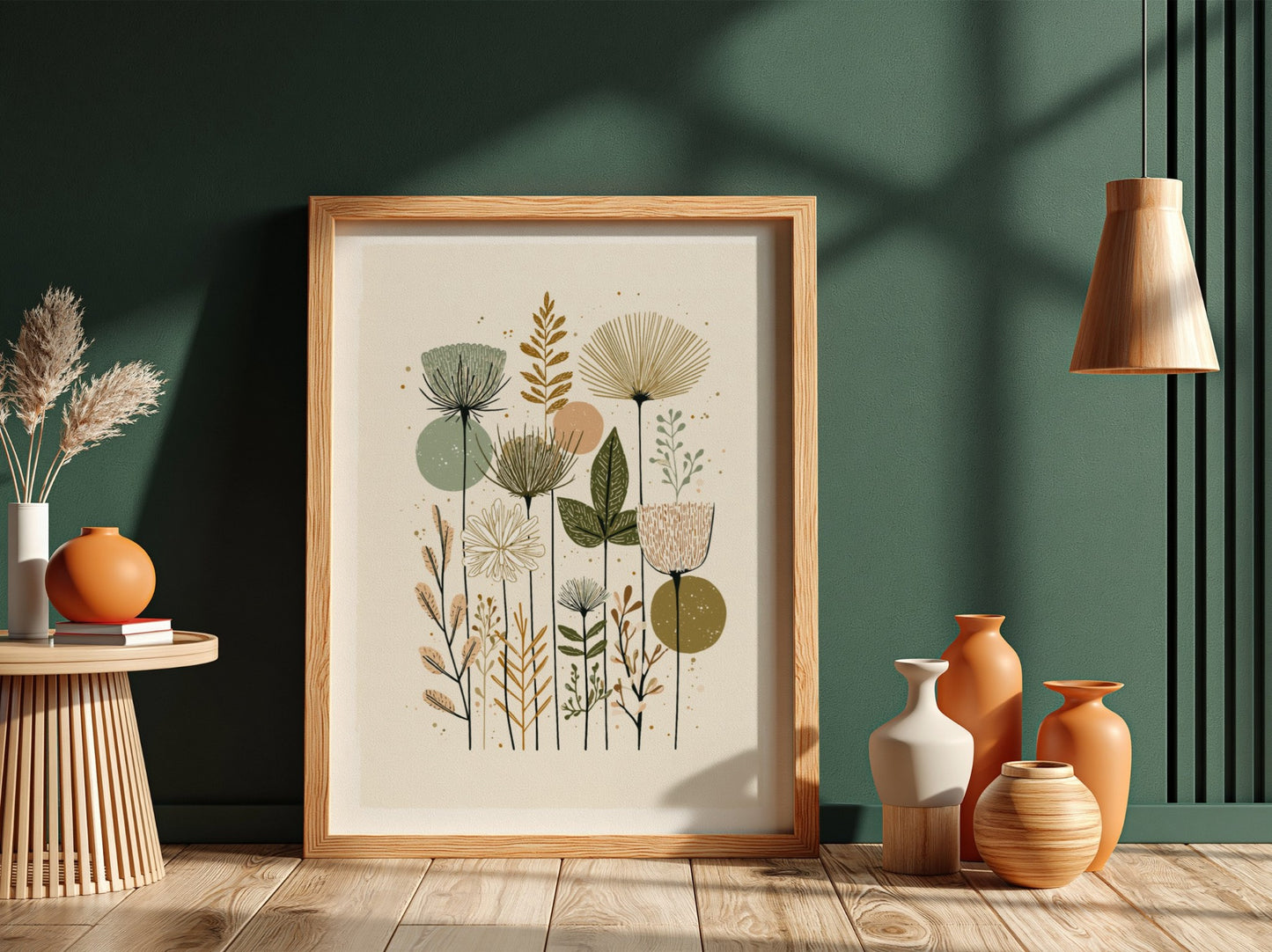 Mid-century modern botanical illustration print with muted green, peach, and brown wildflowers and abstract