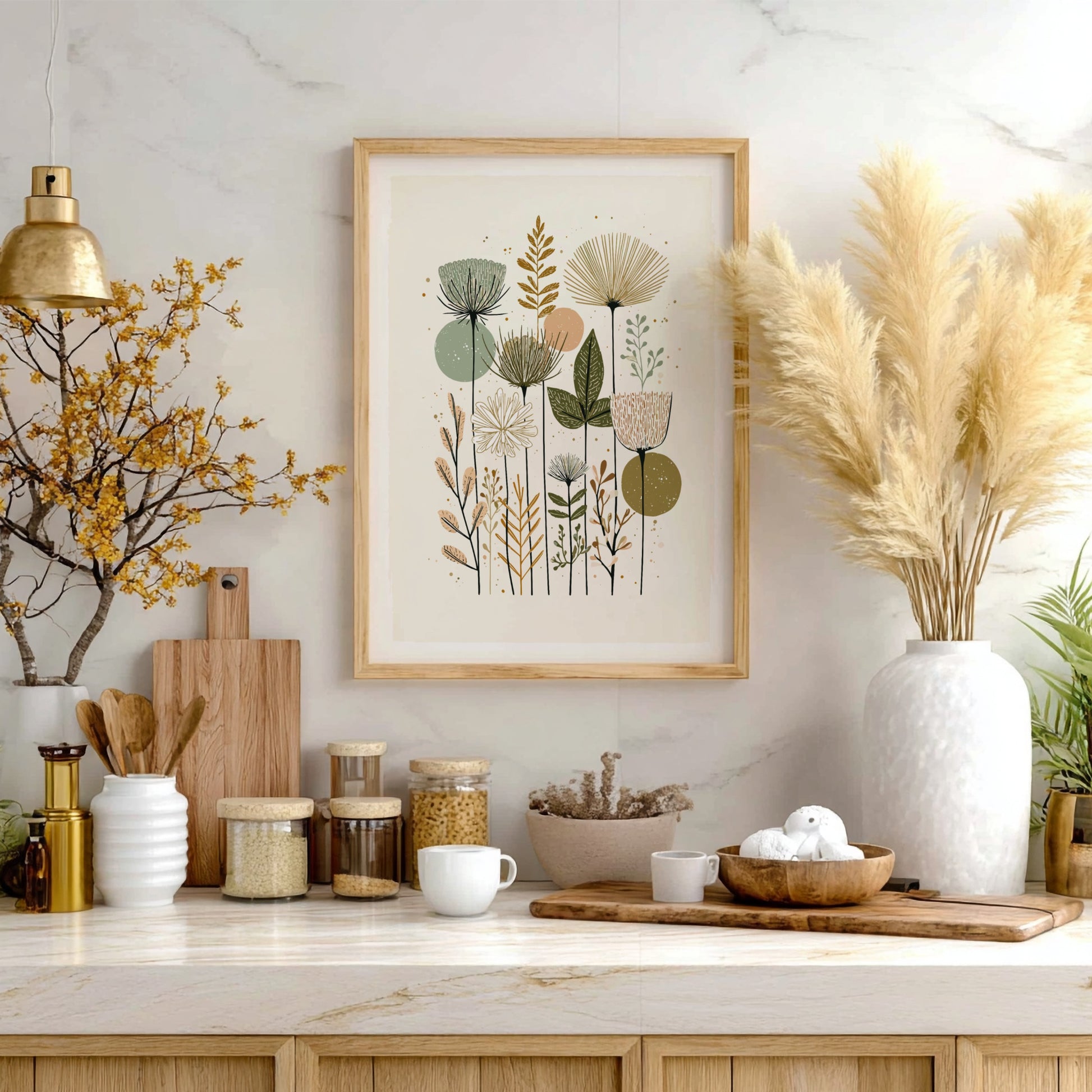 Mid-century modern botanical illustration print with muted green, peach, and brown wildflowers and abstract