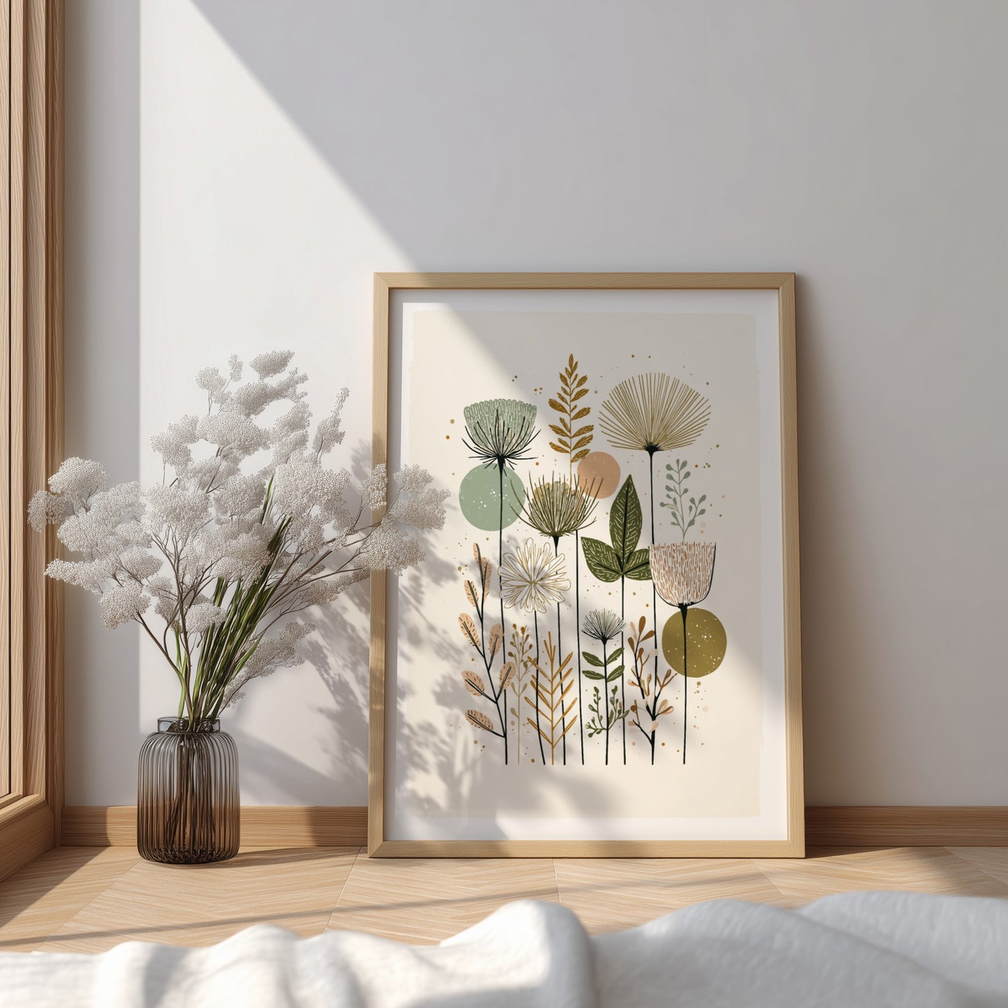 Mid-century modern botanical illustration print with muted green, peach, and brown wildflowers and abstract