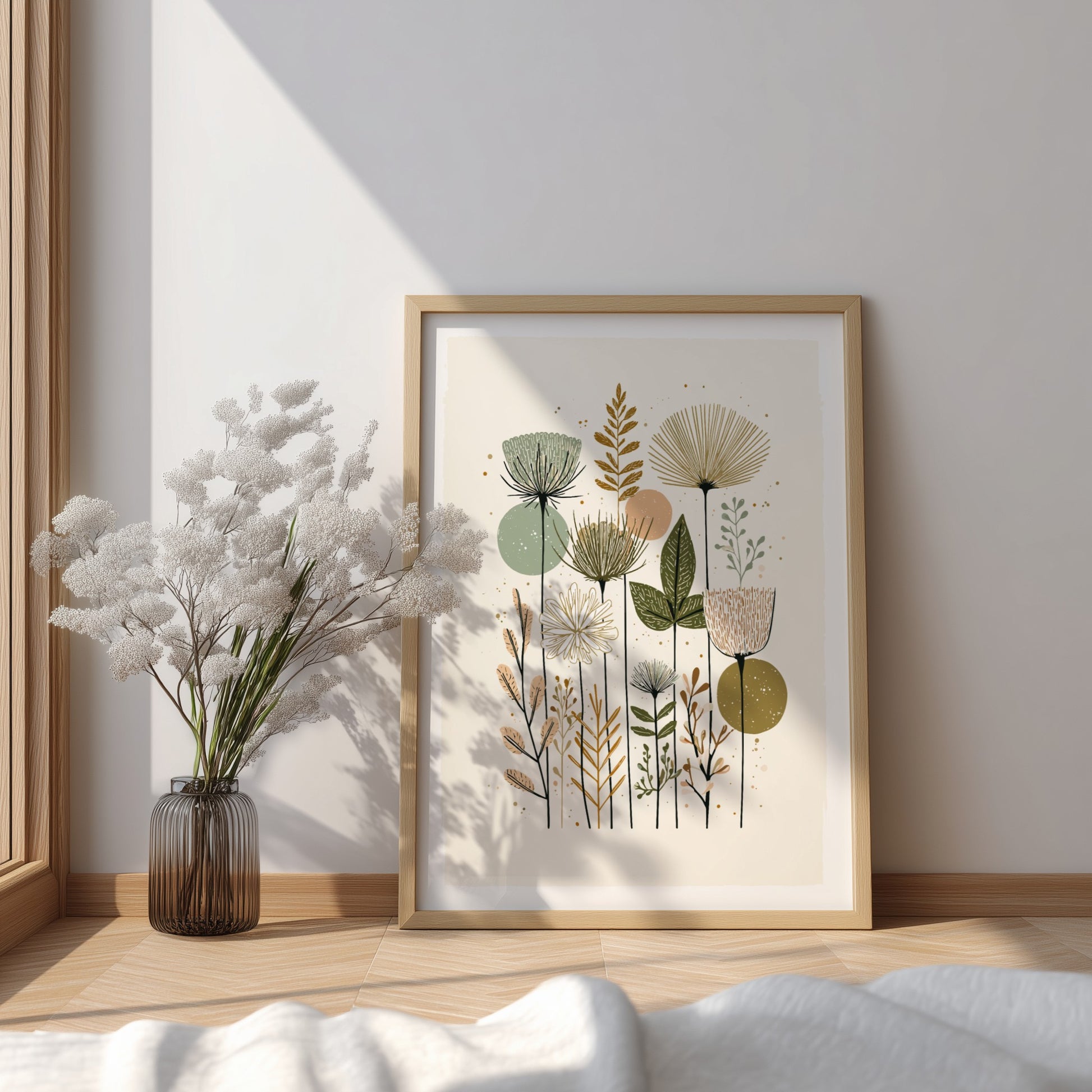 Mid-century modern botanical illustration print with muted green, peach, and brown wildflowers and abstract