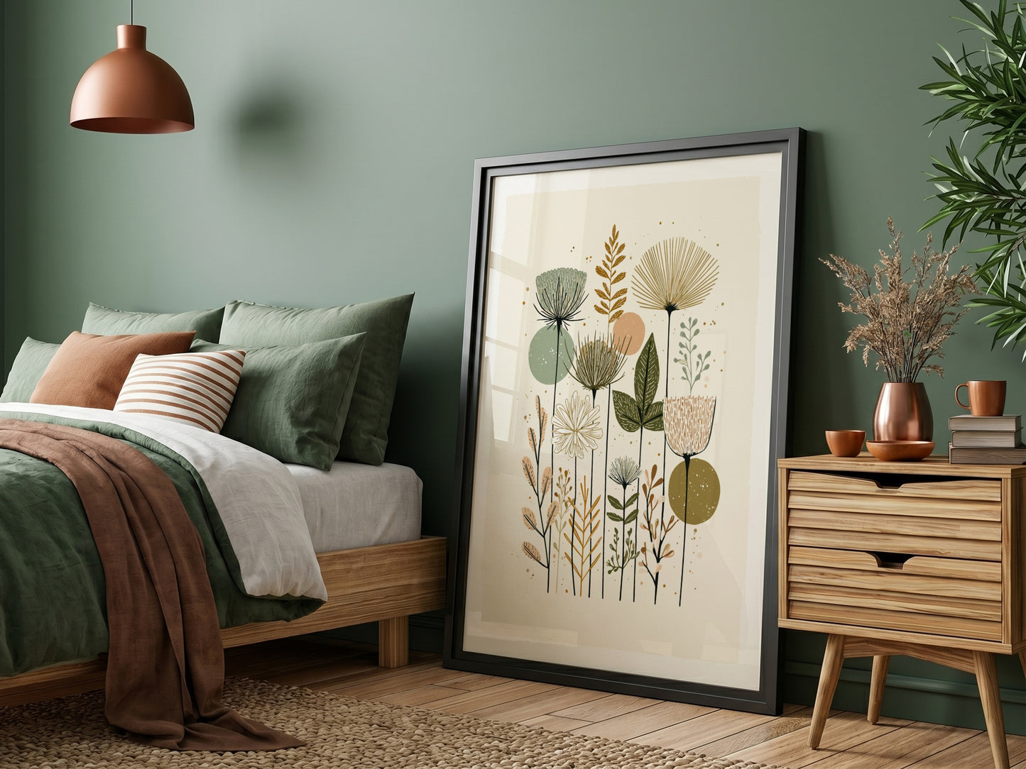 Mid-century modern botanical illustration print with muted green, peach, and brown wildflowers and abstract