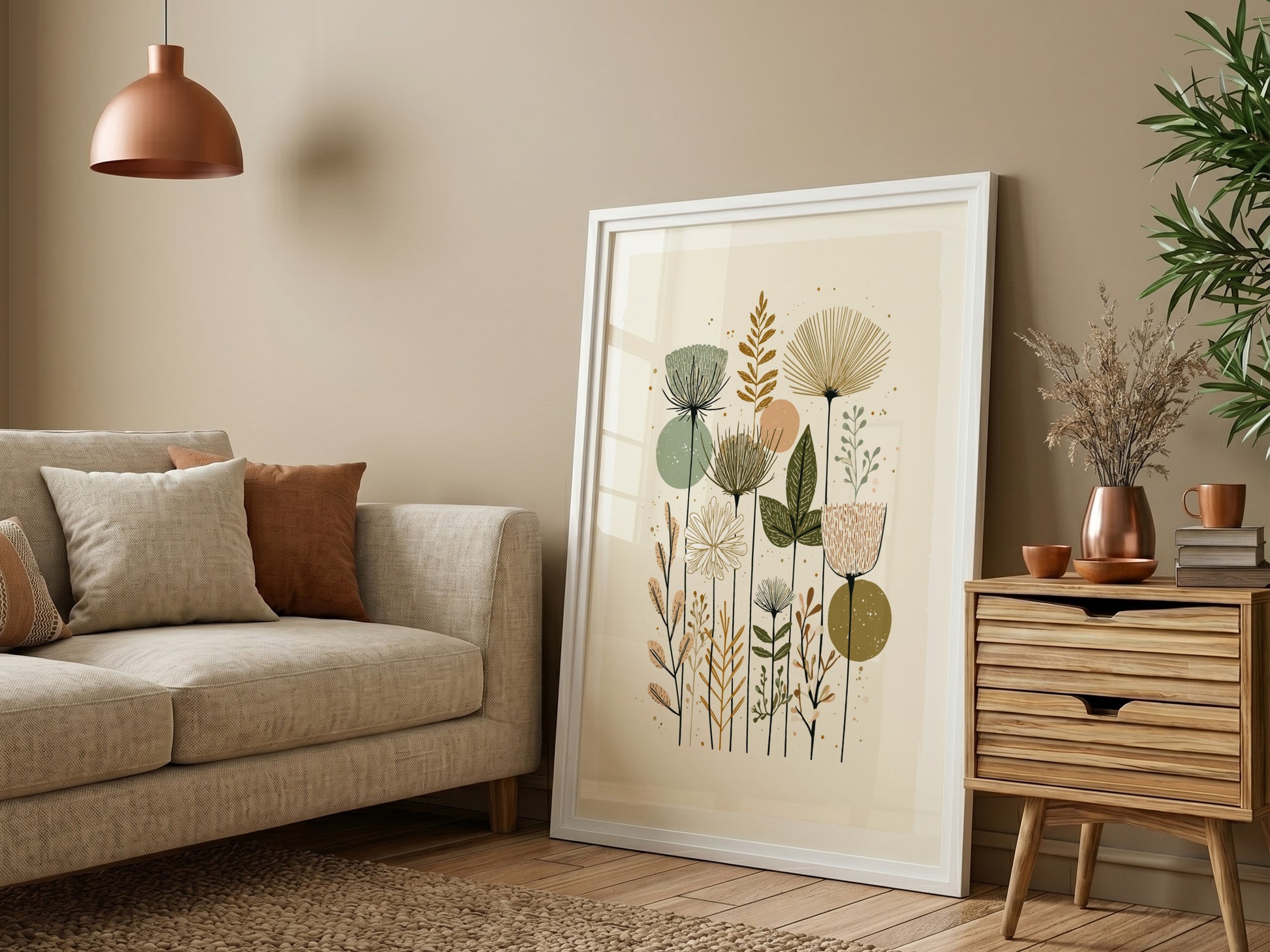 Mid-century modern botanical illustration print with muted green, peach, and brown wildflowers and abstract