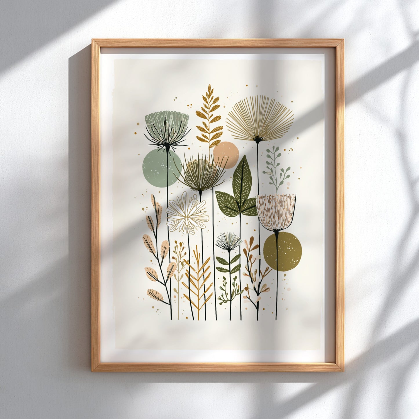 Mid-century modern botanical illustration print with muted green, peach, and brown wildflowers and abstract