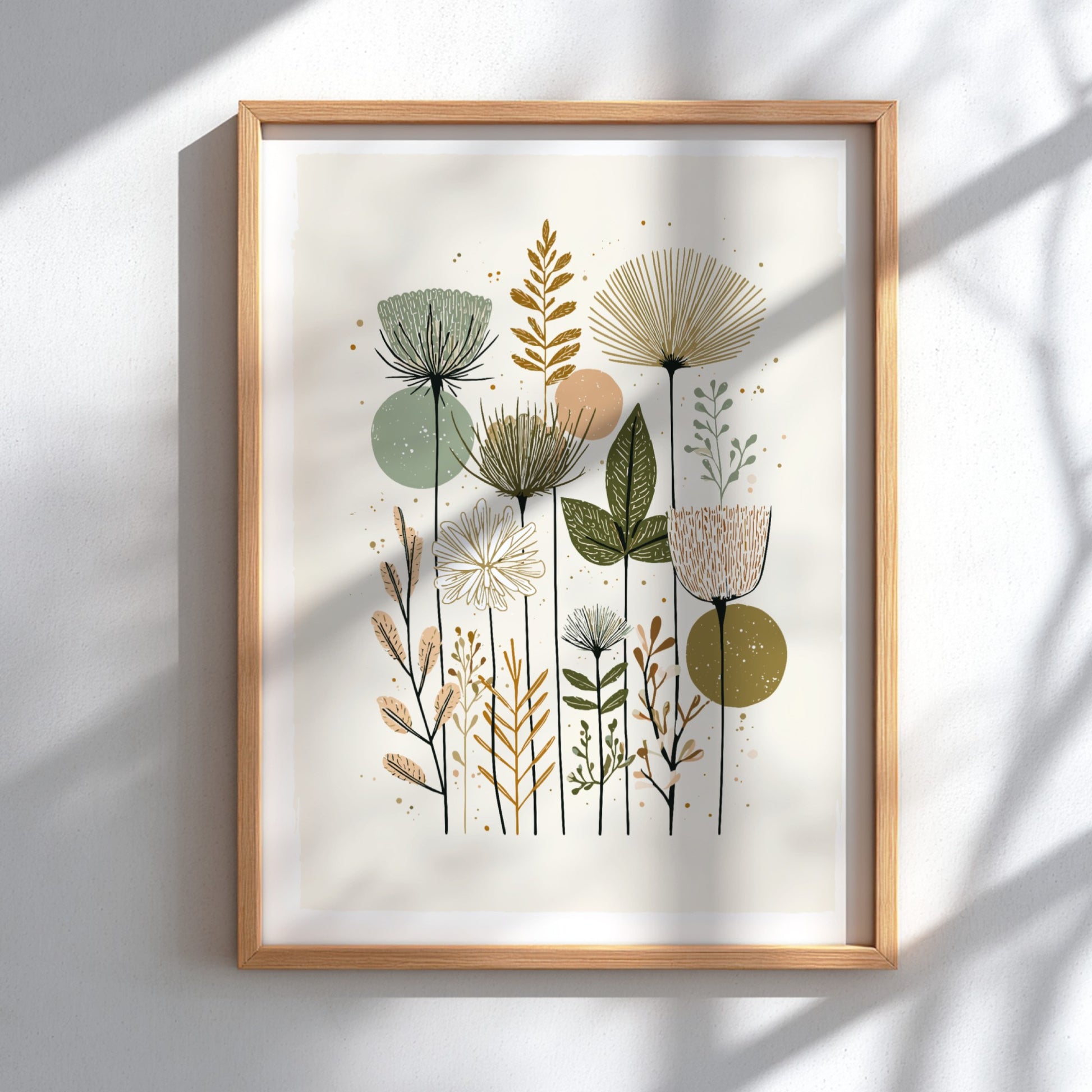 Mid-century modern botanical illustration print with muted green, peach, and brown wildflowers and abstract