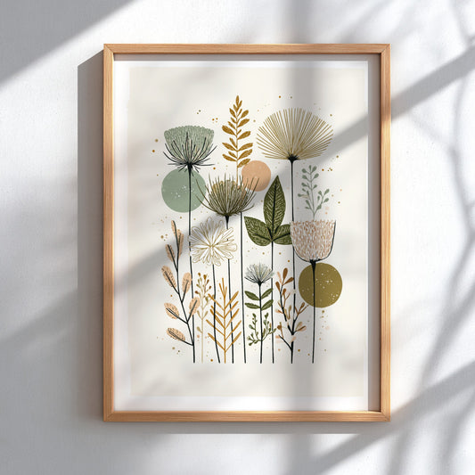 Mid-century modern botanical illustration print with muted green, peach, and brown wildflowers and abstract