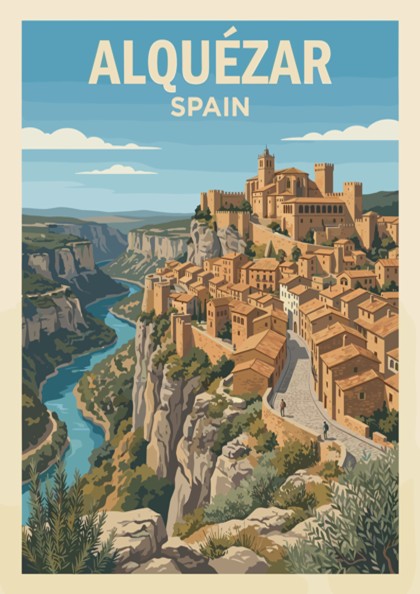 Poster of Alquézar Spain featuring historic stone buildings on a cliff above water.