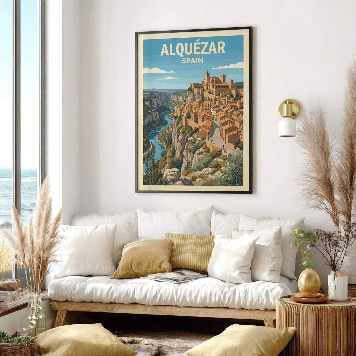 Poster of Alquézar Spain featuring historic stone buildings on a cliff above water.