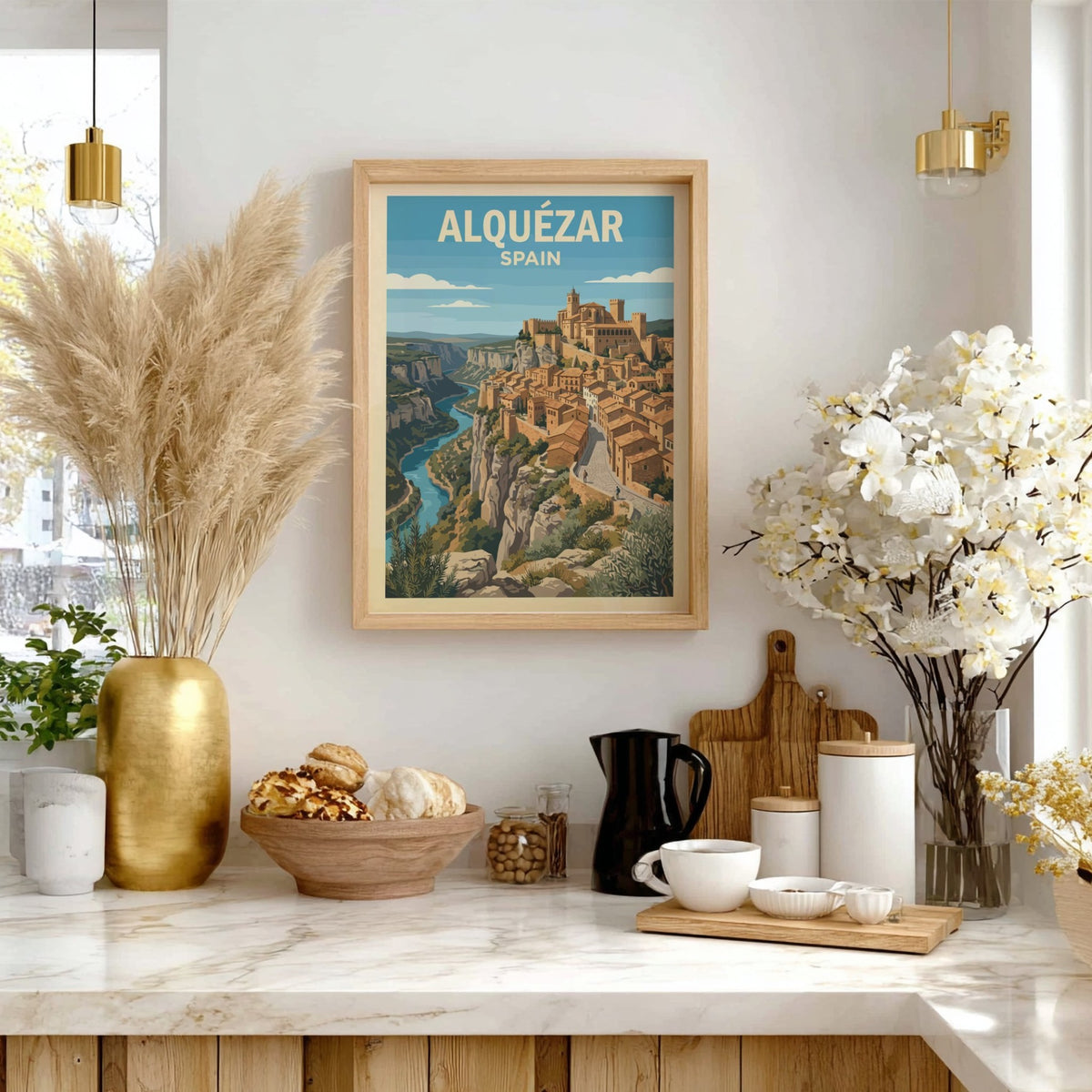 Poster of Alquézar Spain featuring historic stone buildings on a cliff above water.
