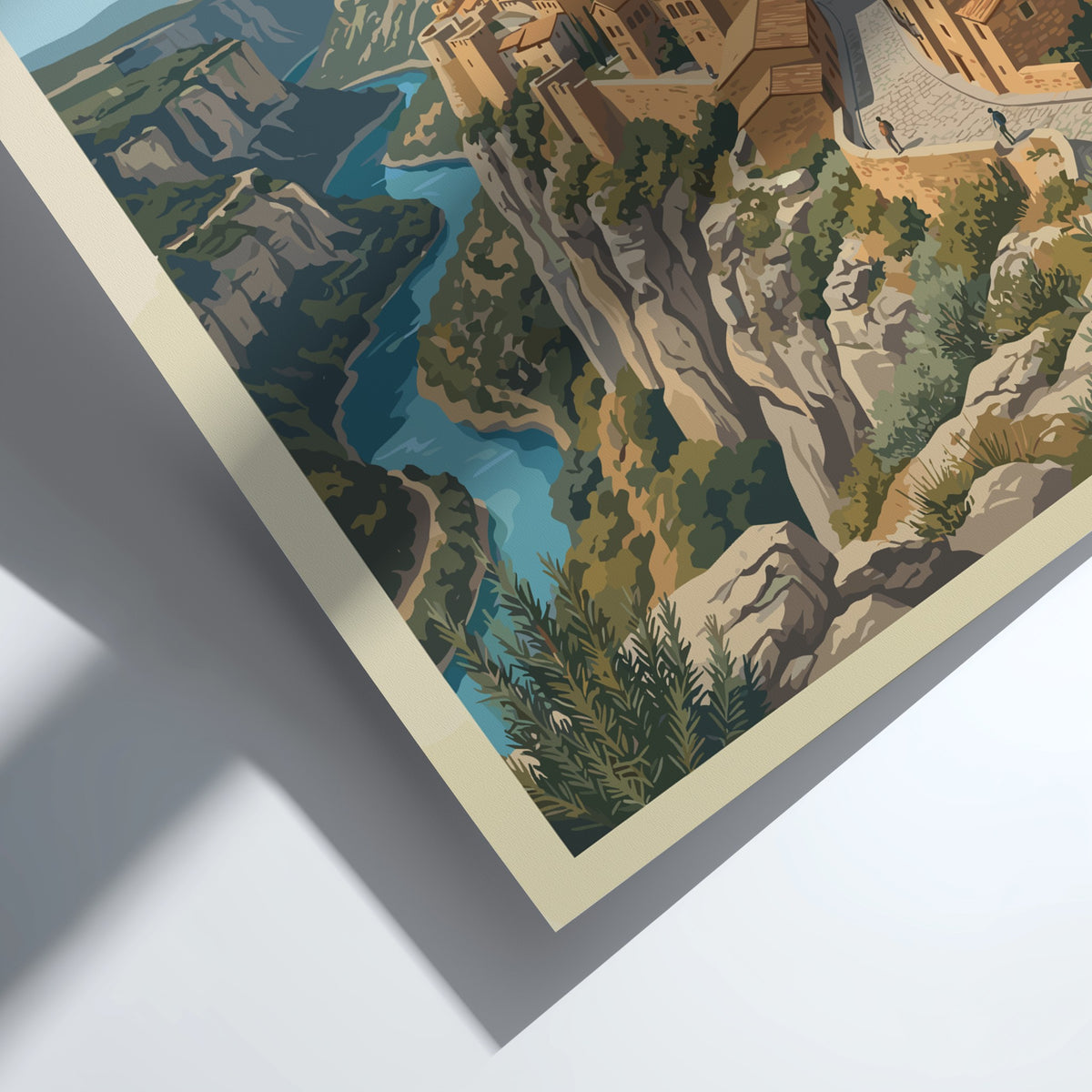Poster of Alquézar Spain featuring historic stone buildings on a cliff above water.