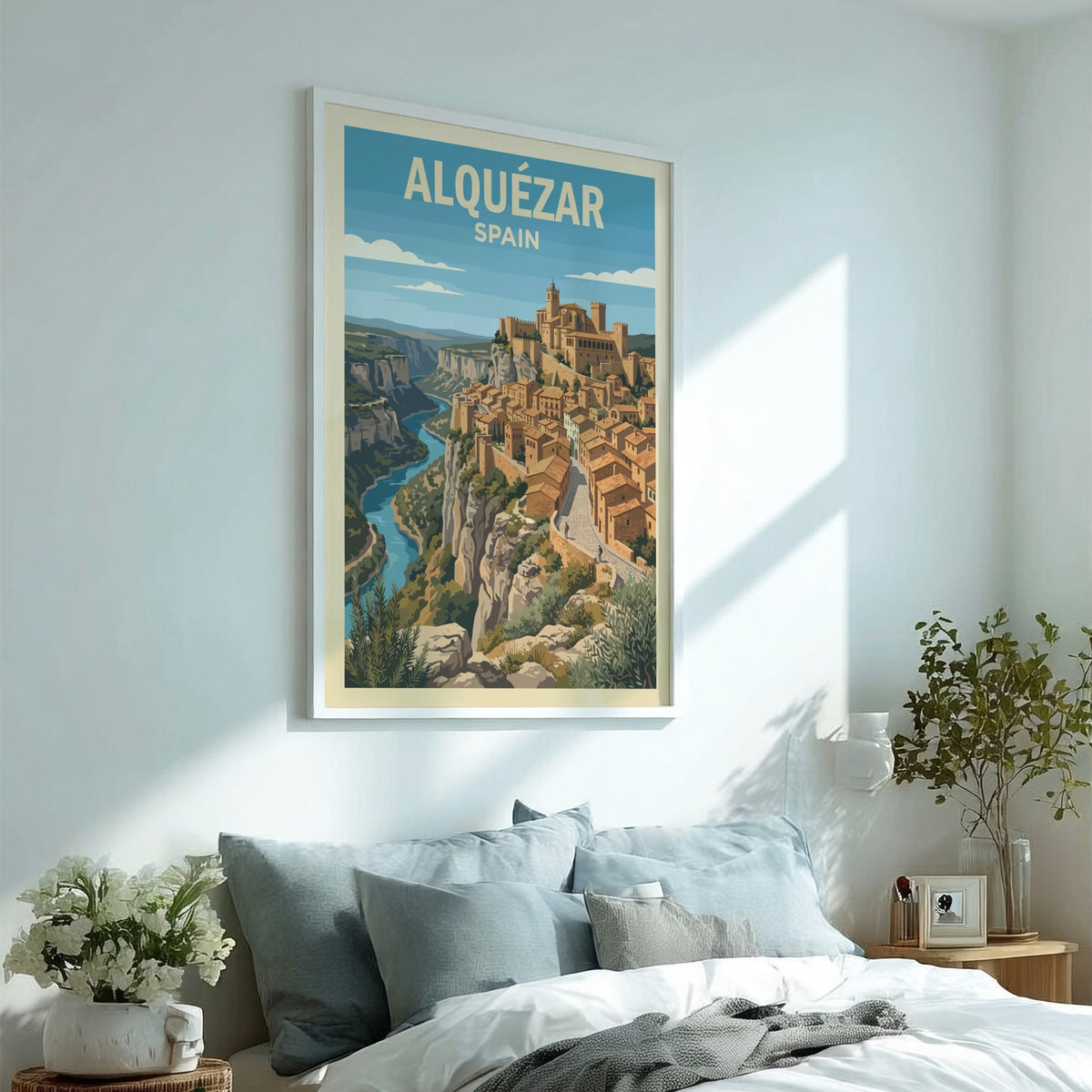 Poster of Alquézar Spain featuring historic stone buildings on a cliff above water.
