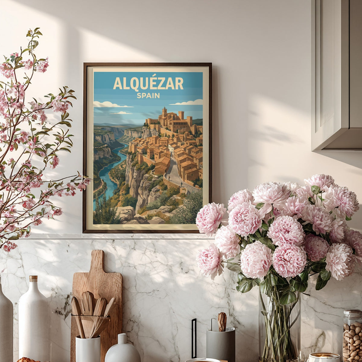 Poster of Alquézar Spain featuring historic stone buildings on a cliff above water.