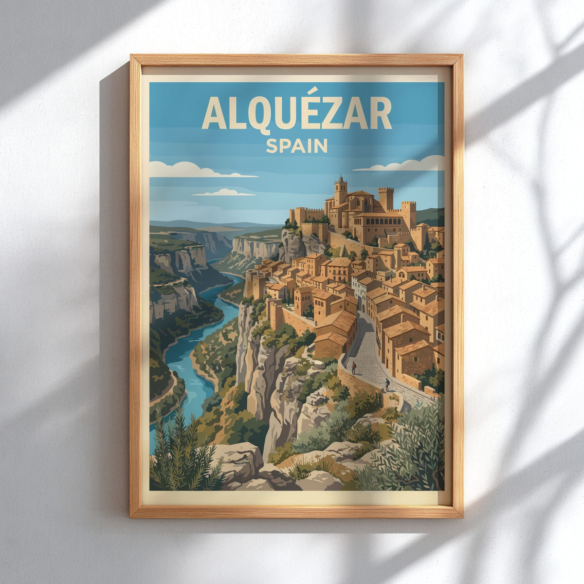 Poster of Alquézar Spain featuring historic stone buildings on a cliff above water.