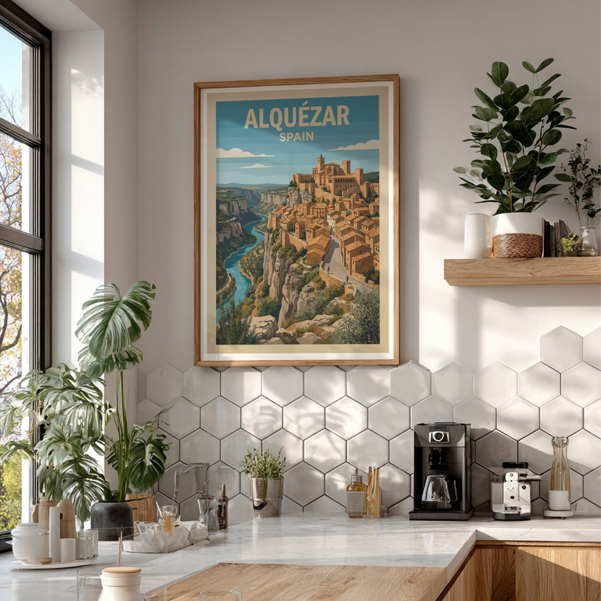 Poster of Alquézar Spain featuring historic stone buildings on a cliff above water.