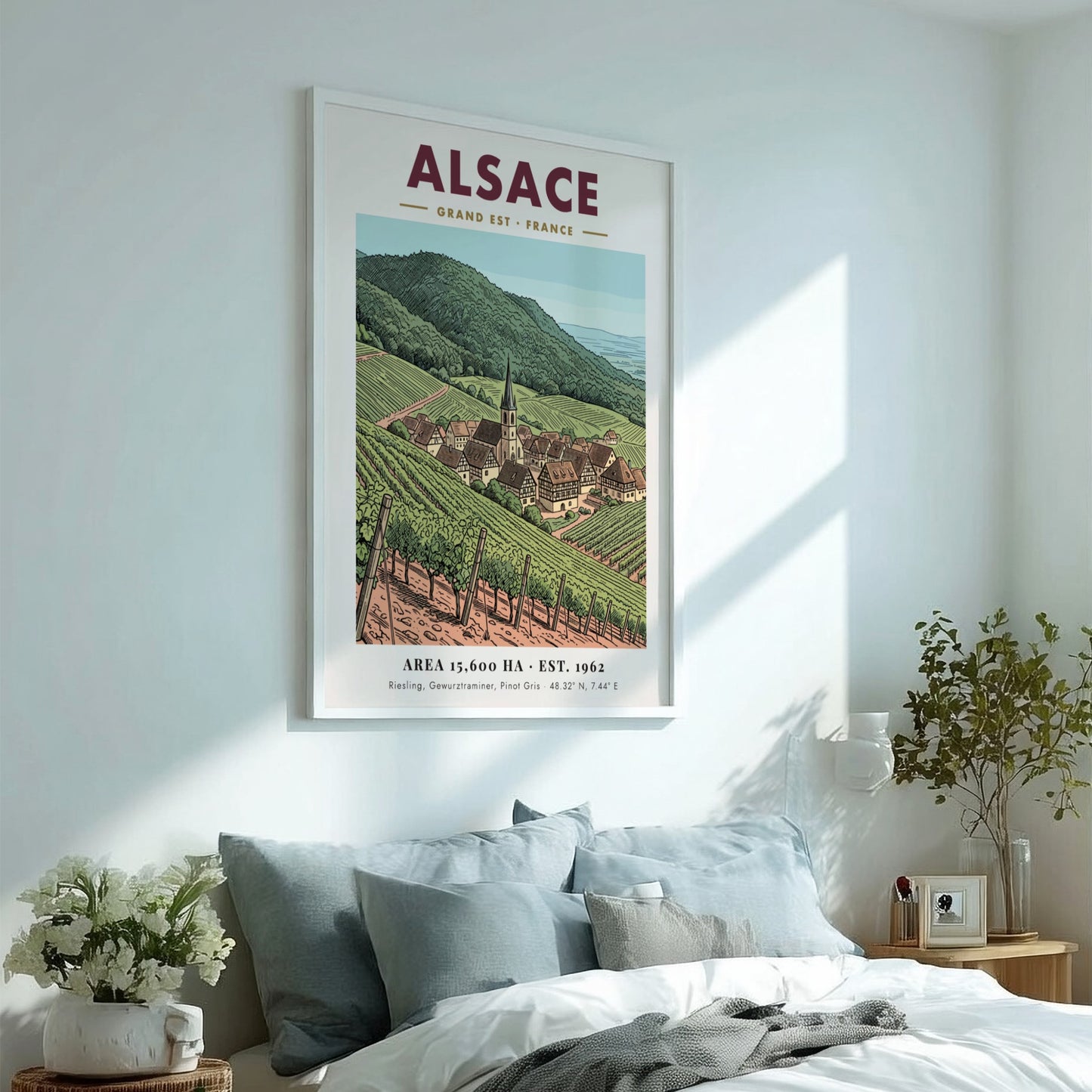 Poster of the Alsace wine region featuring rolling vineyards and a village church.