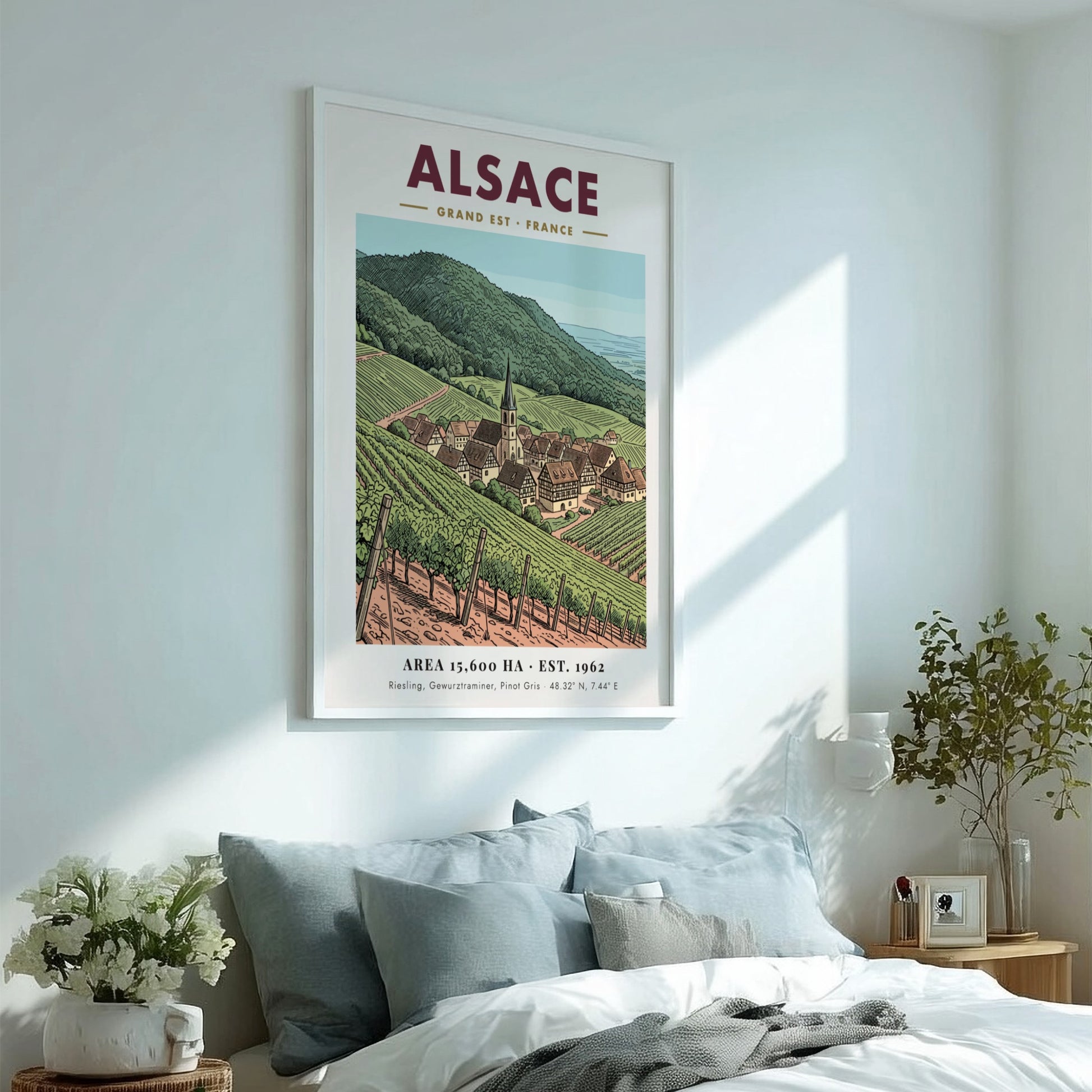 Poster of the Alsace wine region featuring rolling vineyards and a village church.