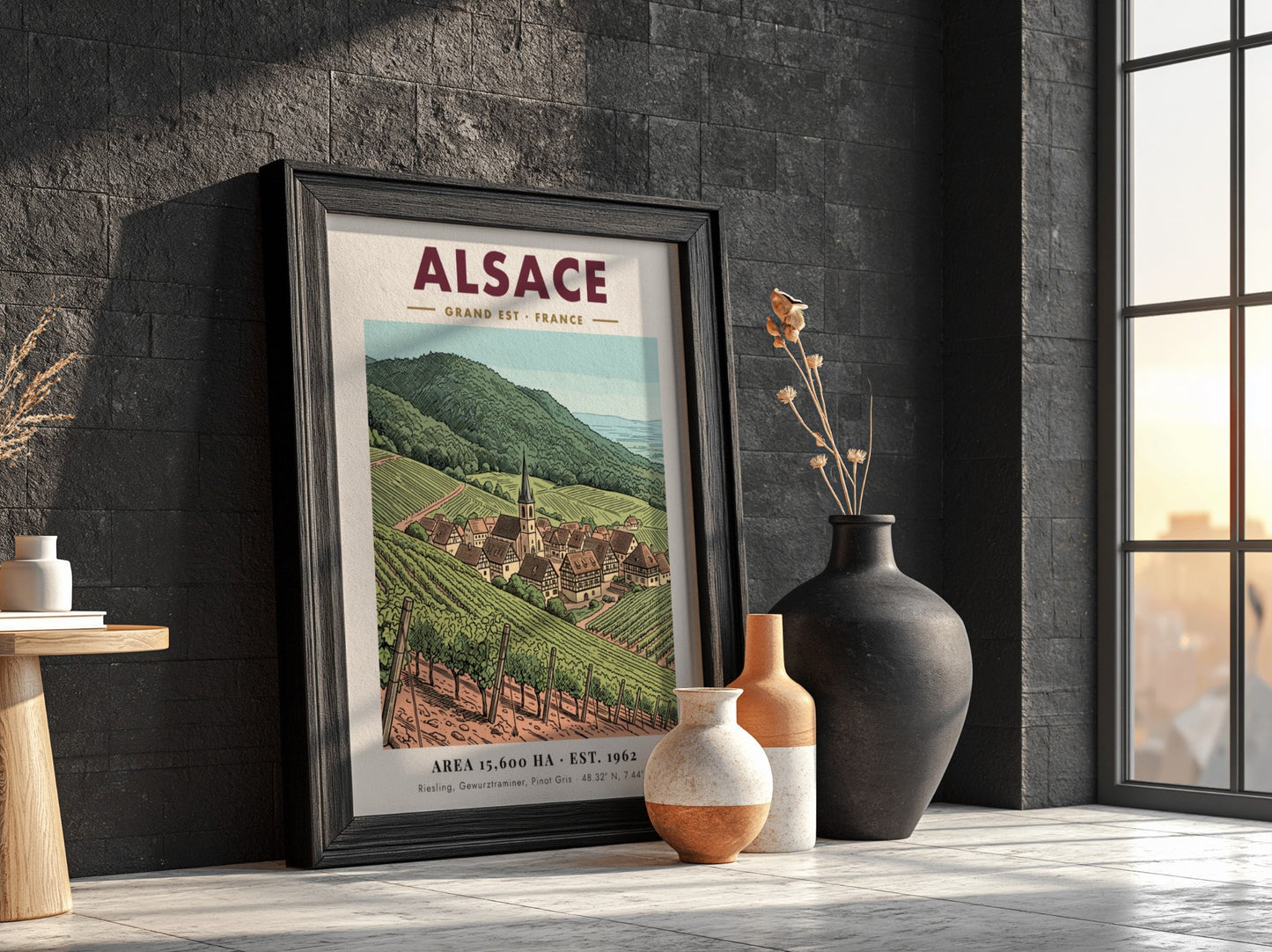 Poster of the Alsace wine region featuring rolling vineyards and a village church.