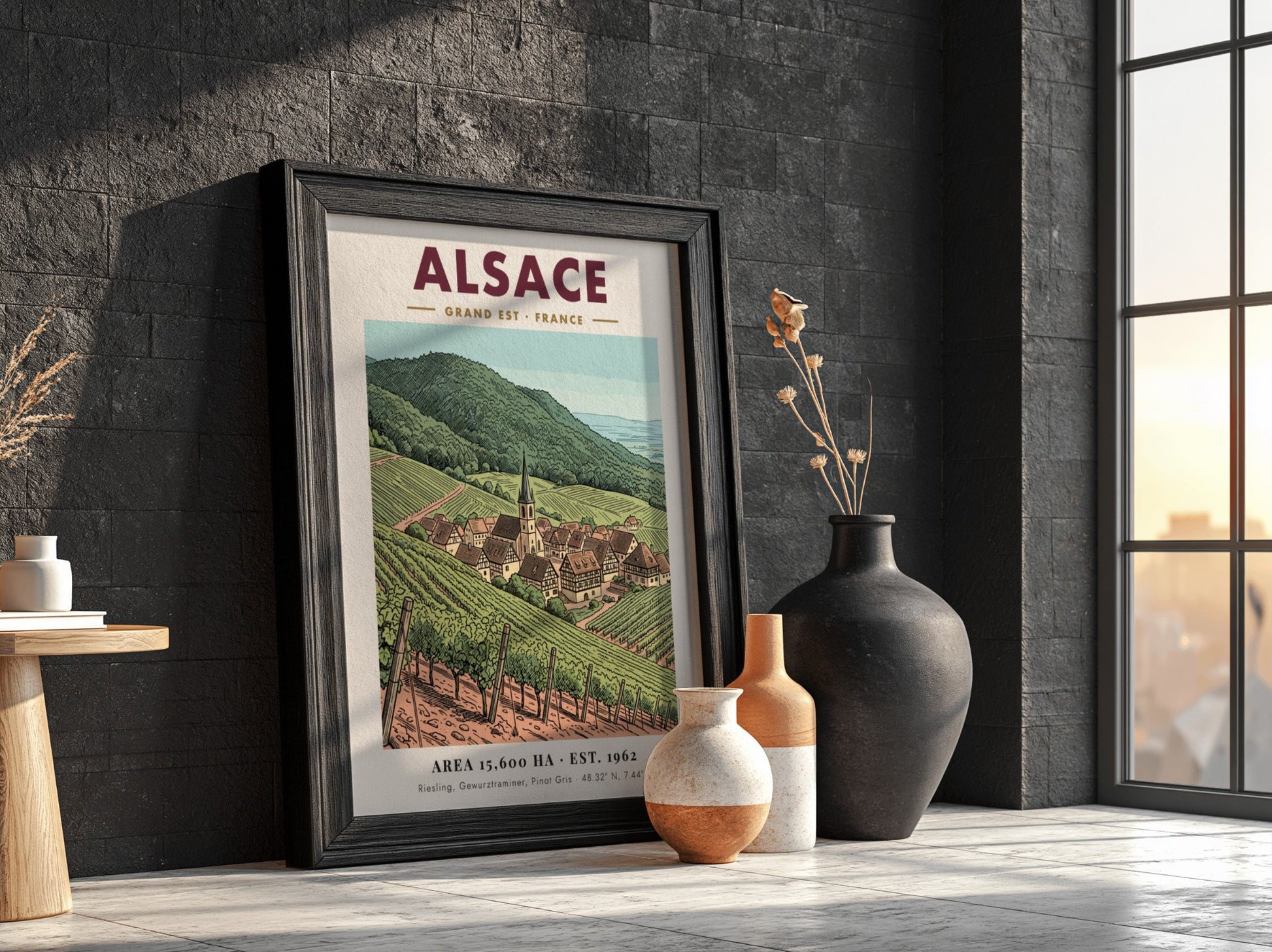 Poster of the Alsace wine region featuring rolling vineyards and a village church.