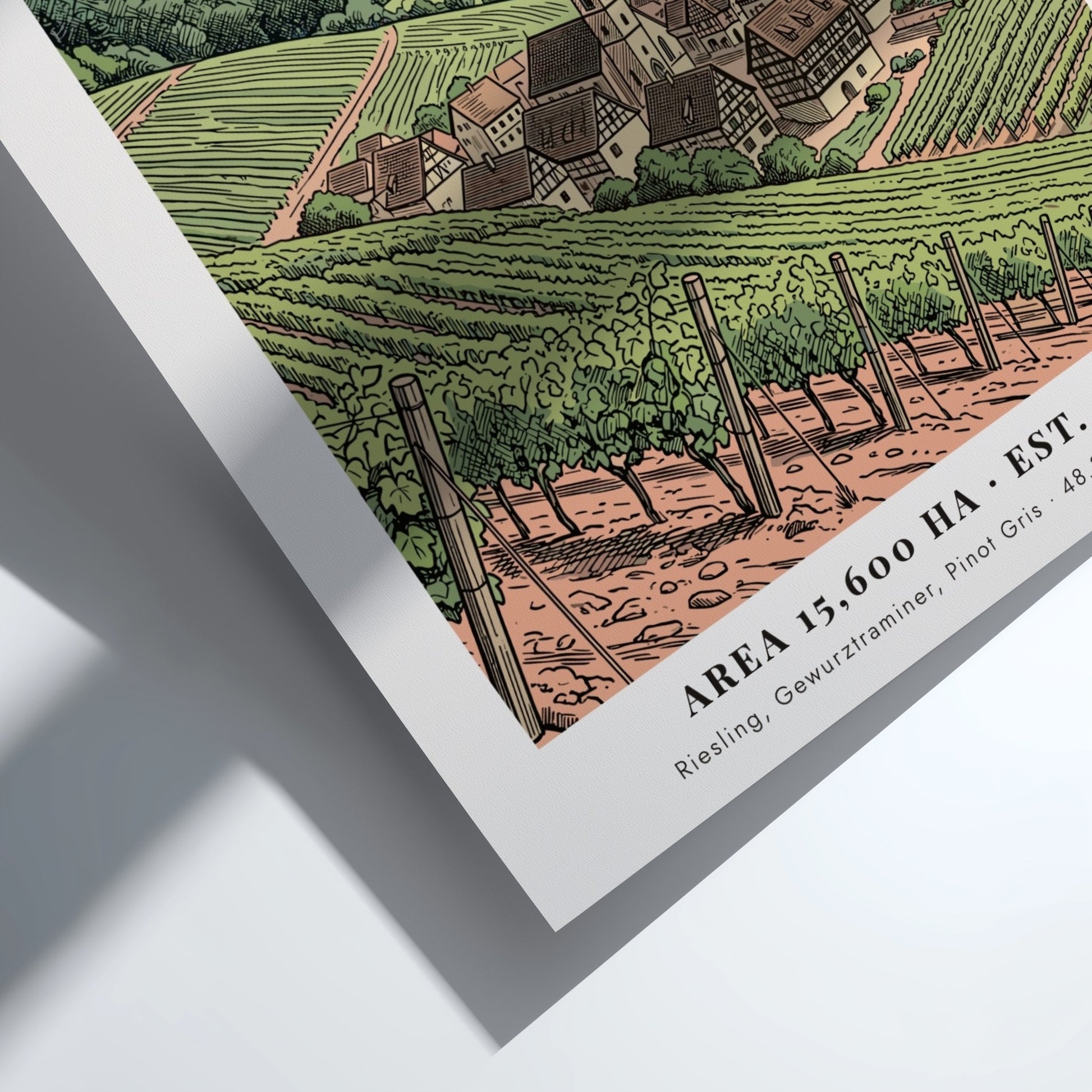 Poster of the Alsace wine region featuring rolling vineyards and a village church.