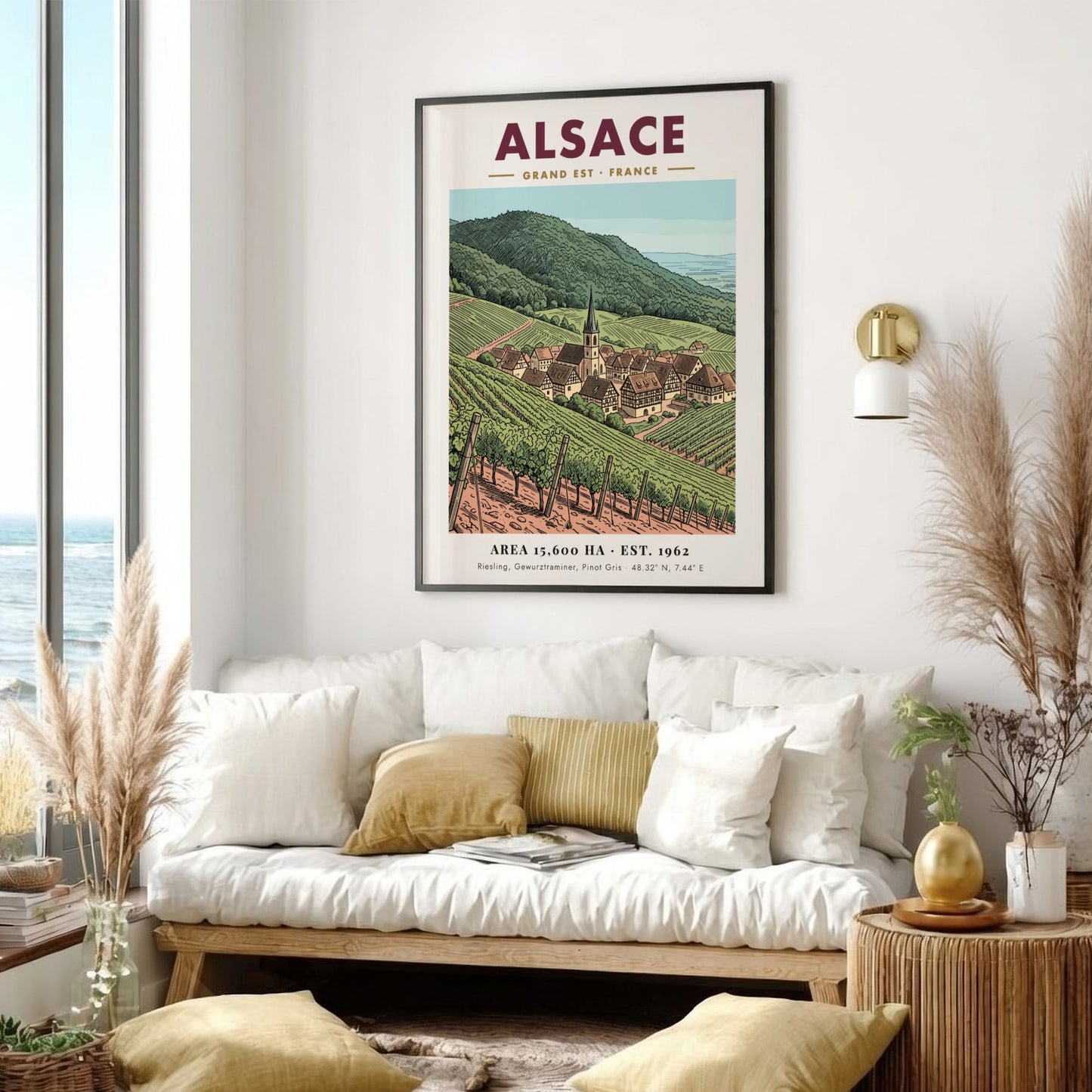 Poster of the Alsace wine region featuring rolling vineyards and a village church.
